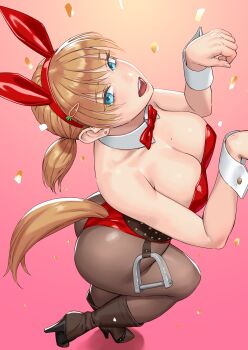 1girl animal_ear_hairband animal_ears ass black_pantyhose blue_eyes boots bow bowtie breasts brown_boots brown_hair cleavage commentary_request detached_collar fake_animal_ears from_above hairband highres horse_pose horse_tail large_breasts leotard long_hair looking_at_viewer low_ponytail original pantyhose pink_background playboy_bunny ponytail rabbit_ears red_bow red_bowtie red_leotard saddle solo stirrups_(riding) strapless strapless_leotard tail wrist_cuffs yuuji_(and)