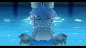 1other absurdres androgynous animal_ears chainsaw_man furry green_eyes highres i'll_teach_you_everything_(chainsaw_man) letterboxed looking_at_viewer made_in_abyss nanachi_(made_in_abyss) parody partially_submerged pool rabbit_ears reaching reaching_towards_viewer scene_reference smugbuns solo upper_body water whiskers white_hair