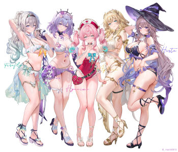 5girls adapted_costume aglaea_(honkai:_star_rail) alternate_breast_size_(larger) alternate_costume alternate_hairstyle aqua_bow aqua_bowtie aqua_eyes aqua_hair arm_behind_head arm_up armpits ascot ass bare_legs bare_shoulders beret bikini black_bikini black_bridal_gauntlets black_choker black_hairband black_hat blonde_hair blue_butterfly blue_eyes blush bow bowtie breast_tattoo breasts bridal_gauntlets brown_hair bug butterfly castorice_(honkai:_star_rail) character_name choker cleavage closed_mouth collar commentary_request detached_collar earrings elbow_gloves feet fingernails firefly_(honkai:_star_rail) flower frilled_collar frilled_wrist_cuffs frills from_side gladiator_sandals gloves gold_sandals gradient_hair green_eyes green_hair green_sarong grey_hair hair_between_eyes hair_flower hair_ornament hair_ribbon hairband half-closed_eyes halterneck hand_up hands_up hat herta_(honkai:_star_rail) high_heel_sandals high_heels highres honkai:_star_rail honkai_(series) hyacine_(honkai:_star_rail) insect jewelry key key_necklace large_breasts laurel_crown leg_up legs light_blush light_smile long_hair looking_at_viewer machi_(machi0910) medium_breasts medium_hair multicolored_eyes multicolored_hair multiple_girls nail_polish navel necklace one-piece_swimsuit paid_reward_available parted_lips pink_flower pink_hair pointy_ears ponytail presenting_armpit purple_eyes purple_gloves purple_hair purple_nails purple_ribbon purple_sarong red_one-piece_swimsuit ribbon sandals sarong sideboob simple_background single_elbow_glove smile solo stomach strappy_heels sweat swimsuit tattoo the_herta_(honkai:_star_rail) thigh_strap thighs toenail_polish toenails toes twintails twitter_username two-tone_eyes two-tone_hair underboob upper_body very_long_hair wet white_ascot white_background white_bikini white_collar white_wrist_cuffs witch_hat wrist_cuffs yellow_nails