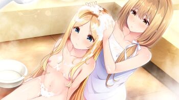 1boy 1girl agnes_avril androgynous bathroom blonde_hair blue_eyes breasts closed_mouth clothed_male_nude_female collarbone completely_nude convenient_censoring dutch_angle fumimori_nao game_cg go-1 hair_over_breasts hair_over_shoulder indoors long_hair mixed-sex_bathing naked_towel navel nipples nude otome_to_fureau_hitotsu_yane_no_shita parted_bangs ribbon shared_bathing sitting small_breasts soap_bubbles soap_censor straight_hair towel trap very_long_hair washing_another washing_hair white_ribbon yellow_eyes