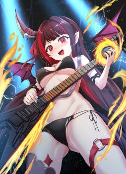 1girl :d absurdres bikini black_bikini blush breasts brown_hair character_request commentary_request duel_masters electric_guitar fire from_below gibson_flying_v gluteal_fold grey_thighhighs groin guitar highres holding holding_instrument horns instrument looking_at_viewer looking_back medium_breasts multicolored_hair navel open_mouth purple_wings pyrokinesis red_eyes red_hair rumiya9i side-tie_bikini_bottom single_horn single_thighhigh smile solo standing streaked_hair swimsuit thighhighs two-tone_hair wings