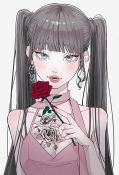 1girl aegyo_sal blue_eyes blunt_bangs blurry breast_tattoo brown_hair depth_of_field dress earrings eyelashes film_grain fingernails flower flower_tattoo highres holding holding_flower jewelry long_fingernails long_hair looking_at_viewer modeling mole mole_under_eye nail_polish original parted_lips pearl_earrings pink_dress pink_scarf red_flower red_nails red_rose rose scarf simple_background sleeveless sleeveless_dress straight_hair tamori_(tamori_www) tattoo thick_lips twintails upper_body wavy_sidelocks white_background