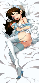 1girl asian ass bare_arms bare_shoulders blush bouquet breasts bridal_lingerie bridal_veil bride brown_eyes brown_hair collarbone crotch_seam dress earrings female_focus flower full_body garter_belt garter_straps high_heels highres jcm2 jewelry lingerie loli long_hair looking_at_viewer lying nickelodeon no_bra on_side panties pumps red_flower red_rose rose shiny_skin shoes sid_chang single_shoe skindentation small_breasts smile solo strapless strapless_dress the_casagrandes the_loud_house thighhighs underwear veil wedding_dress white_lingerie white_panties