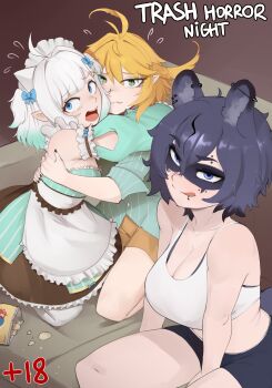 3girls :q absurdres ahoge animal_ear_piercing animal_ears antenna_hair apron aqua_hair arbuz_budesh barbell_piercing bare_arms bare_shoulders black_hair black_nails blonde_hair blue_bow blue_eyes blunt_bangs bow breasts brown_shorts chips_(food) cleavage commentary couch detached_sleeves dokibird domino_mask ear_piercing english_commentary eye_mask eyebrow_piercing face_piercing fang flying_sweatdrops food frilled_apron frills gradient_hair green_eyes green_shirt hair_between_eyes hair_bow highres hug indie_virtual_youtuber industrial_piercing large_breasts licking_lips lip_piercing looking_at_viewer maid maid_headdress mask mint_fantome multicolored_hair multiple_girls nail_polish on_couch piercing pinstripe_pattern pointy_ears potato_chips raccoon_ears raccoon_girl raised_eyebrow shirt short_hair shorts skin_fang snuffy_(vtuber) striped_clothes striped_shirt tongue tongue_out virtual_youtuber waist_apron white_apron white_hair