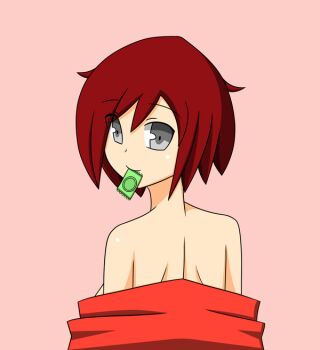1girl bare_shoulders condom condom_in_mouth female_focus grey_eyes looking_back lunarisaileron mouth_hold red_hair ruby_rose rwby simple_background solo