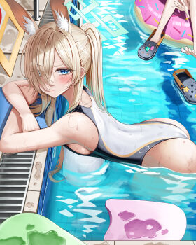 1girl absurdres animal_ear_fluff animal_ears ass bent_over black_one-piece_swimsuit blonde_hair blue_archive blue_eyes blue_halo blush breasts closed_mouth commentary dog_ears from_side hair_over_one_eye halo high_ponytail highres hsxxx kanna_(blue_archive) kanna_(swimsuit)_(blue_archive) large_breasts long_hair looking_at_viewer looking_to_the_side official_alternate_costume one-piece_swimsuit out_of_frame ponytail poolside swimsuit two-tone_one-piece_swimsuit very_long_hair wet white_one-piece_swimsuit