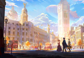 ace_attorney aircraft bird black_hair blue_sky clock clock_tower cloud cloudy_sky commentary crowd dirigible flag highres kazuma_asogi lamppost long_sleeves qosic ryunosuke_naruhodo short_hair sky statue susato_mikotoba the_great_ace_attorney tower tree