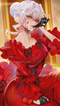 1girl artist_name black_gloves black_ribbon blood blood_on_face blood_on_neck braid braided_bun breasts collarbone dress earrings fingerless_gloves frilled_dress frills gloves hair_between_eyes hair_bun hair_intakes highres jewelry looking_at_viewer magion02 medium_breasts mouth_hold red_dress ribbon saigo_ni_hitotsu_dake_onegai_shite_mo_yoroshii_deshou_ka scarlet_el_vandimion sidelocks solo white_hair
