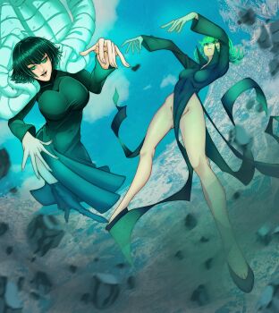 Rule 34 | 2girls, absurdres, bob cut, breasts, coat, commentary, curly hair, dress, ekajpalm, english commentary, floating, fubuki (one-punch man), fur coat, green dress, green eyes, green hair, highres, large breasts, levitation, multiple girls, one-punch man, short hair, siblings, sisters, small breasts, tatsumaki, taut clothes, taut dress, telekinesis, tight clothes, tight dress