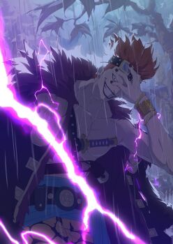 Rule 34 | 1boy, artist name, blue sash, bracelet, clenched teeth, cloud, cloudy sky, commentary request, electricity, eustass kid, goggles, goggles on head, hair up, jewelry, looking at viewer, male focus, mixed-language commentary, official art, one piece, rain, red hair, sash, short hair, sky, smile, solo, teeth