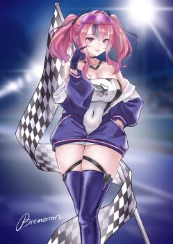 1girl absurdres azur_lane bare_shoulders black_choker black_gloves boots breasts bremerton_(azur_lane) character_name checkered_flag choker cleavage collarbone commentary covered_navel crossed_bangs dress eagle_union_(emblem) ear_piercing eyewear_on_head flag gloves grey_hair hair_between_eyes hair_intakes hair_ornament hand_in_pocket highres index_finger_raised jacket large_breasts long_hair long_sleeves looking_at_viewer multicolored_hair no_mole off_shoulder official_alternate_costume partially_unzipped piercing pink_eyes pink_hair purple_boots purple_jacket race_queen sidelocks skindentation smile solo standing strapless strapless_dress streaked_hair sunglasses takedzutsu_sake thigh_boots thigh_strap thighhighs tongue tongue_out twintails two-tone_hair white_dress zettai_ryouiki