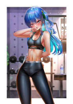 1girl absurdres arm_behind_back armpits blue_hair blush bottle breasts breath commentary earrings exercise_machine flat_chest green_ribbon grey_eyes gym hair_ornament hair_ribbon highres holding holding_towel hololive hoshimachi_suisei indoors jagoo jewelry large_variant_set looking_at_viewer multicolored_hair open_mouth pants plant ribbon side_ponytail small_breasts sports_bra sportswear star_(symbol) star_hair_ornament stomach sweat towel two-tone_hair variant_set virtual_youtuber water_bottle weights wiping_face wiping_sweat