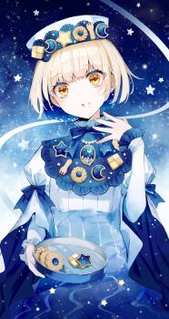 Rule 34 | 1girl, :o, absurdres, artist name, blonde hair, blue bow, blue capelet, blue dress, blue ribbon, blue theme, bob cut, bow, brooch, capelet, checkerboard cookie, collared capelet, colored eyelashes, colored inner hair, cookie, crescent, dress, food, food on face, fork, frilled capelet, frilled sleeves, frills, gradient clothes, gradient dress, gradient neck ribbon, gradient ribbon, hand to own mouth, hat, head tilt, highres, hitoba, holding, jewelry, long sleeves, looking at viewer, multicolored hair, neck ribbon, necklace, open mouth, original, pearl necklace, puffy sleeves, ribbon, short hair, sky, sleeve ribbon, solo, space print, star (sky), star (symbol), starry background, starry hair, starry sky, starry sky print, thumbprint cookie, white dress, white hat, yellow eyes