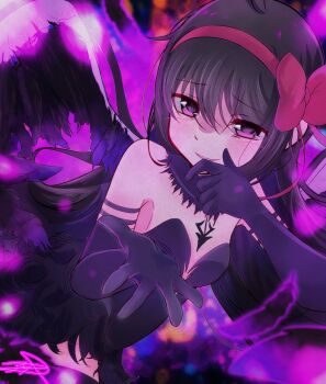 Rule 34 | 1girl, akemi homura, akuma homura, black collar, black dress, black feathers, black hair, black wings, blush, bow, breasts, collar, commentary request, detached collar, detached sleeves, dress, feathered wings, feathers, hair between eyes, hair bow, hair ribbon, hand on own chin, highres, long hair, looking at viewer, mahou shoujo madoka magica, parted lips, purple eyes, purple theme, reaching, reaching towards viewer, red bow, red ribbon, ribbon, shiny eyes, small breasts, smile, solo, strapless, strapless dress, upper body, wings, yasakikaf