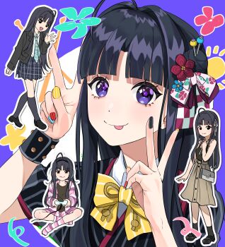 1girl awa_subaru bag black_hair black_jacket black_kimono black_nails black_shirt black_skirt black_socks blue_nails blue_necktie bow bowtie bracelet brown_skirt commentary controller double_v flower-shaped_pupils game_controller girls_band_cry hair_intakes hair_ribbon highres hokureisuzume holding holding_controller holding_game_controller jacket japanese_clothes jewelry kimono kneehighs kuuhaku_to_catharsis long_hair long_sleeves multicolored_nails multiple_views necktie no_shoes one_eye_closed parted_bangs plaid_clothes plaid_skirt pleated_skirt purple_eyes purple_jacket purple_socks red_nails ribbon school_uniform shirt shoulder_bag sidelocks skirt sleeveless sleeveless_shirt socks symbol-shaped_pupils tongue tongue_out v waving white_ribbon yellow_bow yellow_bowtie yellow_nails