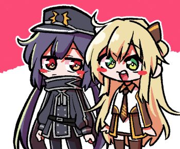 2girls ahoge black_pantyhose black_thighhighs blonde_hair blush_stickers closed_mouth commentary_request cowboy_shot deformed dress duel_monster green_eyes grey_hair hair_ornament hat long_sleeves multiple_girls numilemelon open_mouth orange_eyes pantyhose peaked_cap scarf sidelocks sky_striker_ace_-_raye sky_striker_ace_-_roze teeth thighhighs two-tone_dress upper_teeth_only yu-gi-oh! zettai_ryouiki
