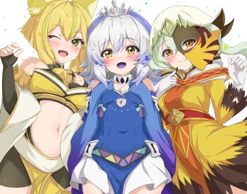 3girls animal_ears black_shorts blonde_hair blue_dress blush breasts closed_mouth collarbone covered_navel detached_sleeves dress duel_monster fish_girl fox_ears fox_girl gloves green_eyes green_hair grey_hair hair_between_eyes hair_ornament half_mask hand_on_own_chest hands_on_own_chest highres hu-li_the_jewel_mikanko japanese_clothes kurobe_18 long_sleeves looking_at_viewer mask medium_breasts multicolored_hair multiple_girls navel nontraditional_miko one_eye_closed open_mouth orange_eyes pelvic_curtain short_shorts shorts sidelocks silver_tiara skirt smile stomach tearlaments_merrli white_gloves white_skirt yellow_dress yu-gi-oh! yu-gi-oh!_rush_duel