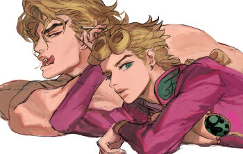 2boys braid cigarette cleavage_cutout clothing_cutout collared_shirt commentary commentary_request curtained_hair dio_brando earrings father_and_son giorno_giovanna green_eyes highres holding holding_cigarette incest jewangchobab jewelry jojo_no_kimyou_na_bouken licking_lips long_hair looking_at_another low-braided_long_hair low-tied_long_hair lying male_focus multiple_boys open_mouth parted_bangs pink_shirt sharp_teeth shirt stardust_crusaders teeth tongue tongue_out topless_male vento_aureo victory_rolls white_background yaoi