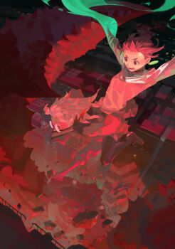 1boy 1girl absurdres arms_up ayase_momo black_thighhighs brown_hair carrying carrying_person cityscape commentary dandadan earrings floating_hair glasses highres jewelry multicolored_hair open_mouth outdoors piggyback red_eyes red_hair round_eyewear sidelocks smile snowing takakura_ken_(dandadan) takakura_ken_(transformed)_(dandadan) teeth thighhighs ts_psi_vczzxvc two-tone_hair white_hair
