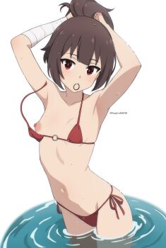 1girl absurdres adjusting_hair armpit_focus armpits bandaged_arm bandages bikini breasts brown_hair highres huge_filesize kagironsfw kono_subarashii_sekai_ni_shukufuku_wo! loli megumin navel nipples partially_submerged red_bikini red_eyes short_hair side-tie_bikini_bottom small_breasts solo standing stomach swimsuit twitter_username wardrobe_malfunction white_background