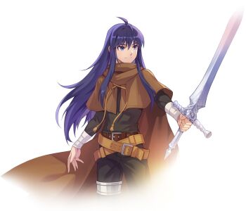 1boy ahoge alpha_transparency arm_wrap artist_request belt belt_buckle black_pants black_shirt black_sleeves blue_hair boris_jinneman brown_belt brown_cape buckle cape closed_mouth collared_capelet cross-laced_capelet cross-laced_clothes crossed_belts fingernails hair_between_eyes highres holding holding_sword holding_weapon left-handed long_hair long_sidelocks looking_to_the_side male_focus nexon official_art pants second-party_source shirt sidelocks silver_legwear simple_background smile solo split_mouth straight_hair sword tales_weaver tassel three-quarter_sleeves transparent_background turtleneck turtleneck_capelet weapon