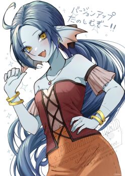 Rule 34 | ahoge, artist name, black bow, blue hair, blue skin, bow, bracelet, breasts, bustier, collarbone, colored skin, commentary request, cosplay, dragon quest, dragon quest iii, dragon quest x, earrings, fang, fins, floating hair, frilled armlet, gold bracelet, gold earrings, hair bow, hand on own hip, head fins, highres, hoop earrings, in-franchise crossover, jewelry, low ponytail, medium breasts, necklace, nikon (user aznh7528), open mouth, orange skirt, parted hair, pointing, pointing at self, pointing with thumb, ponytail, red bustier, ruida, ruida (cosplay), skin fang, skirt, translation request, upper body, weddie (dq10), white background, yellow eyes