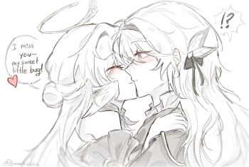 Rule 34 | !?, 2girls, bare shoulders, blush, closed eyes, commentary, couple, english text, firefly (honkai: star rail), french kiss, greyscale, hair ornament, halo, hand on another's shoulder, head wings, heart, highres, honkai: star rail, honkai (series), kiss, long hair, looking at another, lynnmilkaddict, monochrome, multiple girls, robin (honkai: star rail), speech bubble, symbol-only commentary, white background, wings, yuri