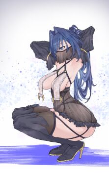 1girl adapted_costume alternate_costume alternate_hairstyle armpits arms_behind_head arms_up ass bare_shoulders belly_dancer blue_eyes blue_hair boijfal breasts detached_sleeves full_body high_heels hololive hololive_english large_breasts lingerie long_hair negligee ouro_kronii see-through_clothes serious sideboob squatting thighhighs underboob underwear veil virtual_youtuber