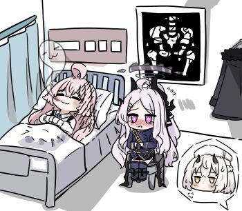 Rule 34 | 3girls, :3, @ @, ahoge, bed, black boots, black horns, black wings, blue archive, blue necktie, boots, broken pelvis, buttons, closed eyes, collared shirt, commentary, demon girl, demon horns, demon wings, double-breasted, e v e neko, english commentary, halo, highres, hina (blue archive), horns, hoshino (blue archive), intentionally missing halo, jacket, long hair, lying, meme request, missing halo, multiple girls, necktie, nose, on back, pink hair, purple eyes, purple halo, purple jacket, sena (blue archive), shirt, sitting, speech bubble, spoken character, tearing up, tears, unconscious, white hair, white shirt, wings, yellow eyes