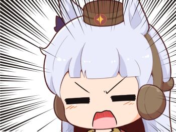 1girl animal_ears blunt_bangs blush brown_hat closed_eyes commentary_request emphasis_lines facing_viewer gold_ship_(umamusume) gomashio_(goma_feet) grey_hair hat horse_ears horse_girl long_hair open_mouth solo umamusume v-shaped_eyebrows