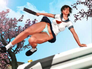 1girl black_hair breasts day kill_the_king panties school_uniform serafuku skirt socks solo striped striped_clothes striped_panties underwear wind