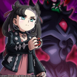 Rule 34 | 1girl, aqua eyes, arm at side, artist name, asymmetrical bangs, black choker, black hair, black jacket, black nails, child, choker, clenched hand, cloud, cloudy sky, collarbone, creatures (company), determined, dress, eyelashes, female focus, flat chest, game freak, gen 8 pokemon, giant, gigantamax, gigantamax grimmsnarl, grimmsnarl, hair ornament, highres, holding, holding poke ball, jacket, leather, leather jacket, long hair, long sleeves, looking afar, marnie (pokemon), nail polish, neck, nintendo, open clothes, open jacket, pale skin, pendant choker, pink dress, poke ball, pokemon, pokemon (creature), pokemon swsh, punk, size difference, sky, standing, twintails, undercut