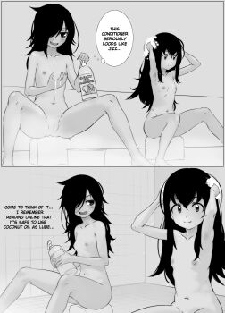 2girls ahegao ass bathing bathroom black_hair blush bottle breasts cleft_of_venus english_text fat_mons female_focus groin highres kuroki_tomoko loli long_hair messy_hair multiple_girls multiple_views nipples nude pussy rahime satozaki_kiko sequential sitting small_breasts soap soap_bubbles speech_bubble spread_legs steam thighs thought_bubble tongue watashi_ga_motenai_no_wa_dou_kangaetemo_omaera_ga_warui!