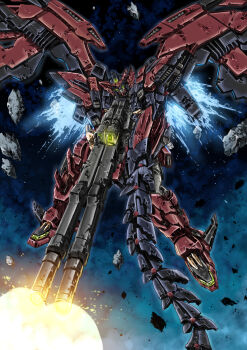 Rule 34 | absurdres, arm shield, armor, battle damage, buster rifle, commentary request, damaged, debris, dual wielding, energy beam, energy gun, firing, floating rock, garimpeiro, glowing, glowing eyes, green eyes, gun, gundam, gundam epyon, gundam wing, highres, holding, holding gun, holding weapon, light particles, mecha, mecha focus, mechanical wings, mobile suit, muzzle flash, red armor, robot, rock, sky, space, star (sky), starry sky, thrusters, weapon, whip sword, wings