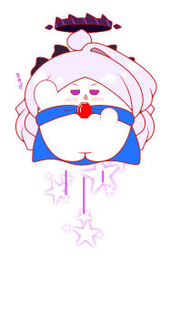 Rule 34 | ahoge, arm up, blue archive, blue cape, blush, cape, chestnut mouth, chibi, commentary request, cosplay, gem, grey hair, halo, highres, hina (blue archive), horns, kirby (series), kurukurumagical, nintendo, parted bangs, parted lips, purple eyes, red gem, simple background, single hair intake, solo, star (symbol), starman (kirby), starman (kirby) (cosplay), translation request, white background