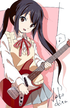 Rule 34 | 1girl, artist name, black hair, brown eyes, dot nose, feet out of frame, female focus, guitar, hair between eyes, holding, holding guitar, holding instrument, instrument, k-on!, legs, long hair, long sleeves, looking at viewer, musical note, mustang (guitar), nakano azusa, open mouth, red ribbon, ribbon, sakuragaoka high school uniform, school uniform, shirt, solo, standing, sweater vest, white shirt