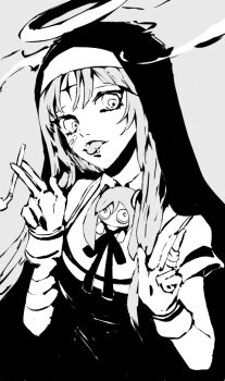 1girl character_request cigarette copyright_request gesture greyscale halo high_contrast long_hair looking_at_viewer monochrome nun piercing purano7 ribbon solo tongue tongue_out tongue_piercing toy upper_body
