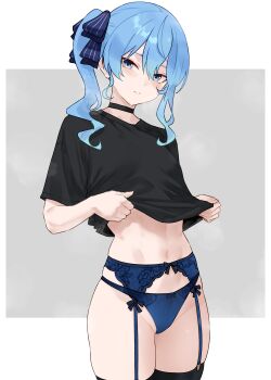 1girl absurdres alternate_costume black_shirt black_thighhighs blue_eyes blue_garter_belt blue_hair blue_panties blue_ribbon bluefield blush bow choker commentary garter_belt hair_between_eyes hair_bow hair_ribbon highres hololive hoshimachi_suisei lingerie lips looking_at_viewer narrow_waist navel panties panties_over_garter_belt petite ribbon shirt side_ponytail smile solo standing star_(symbol) star_in_eye symbol_in_eye t-shirt thick_thighs thighhighs thighs underwear virtual_youtuber