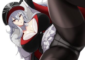 1girl azur_lane breasts cleavage cleavage_cutout cloak clothing_cutout fur_collar fur_trim graf_zeppelin_(azur_lane) hair_ornament hat highres large_breasts long_hair looking_at_viewer makiri_akira military_hat panties pantyhose parted_lips red_eyes silver_hair simple_background skirt solo underwear white_background