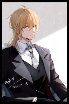 1boy :/ absurdres ahoge alkaid_mcgrath alkaid_mcgrath_(until_the_end_of_time) armchair black_gloves black_jacket black_suit black_vest blonde_hair chair chinese_commentary closed_mouth collared_shirt expressionless formal_clothes gloves green_eyes grey_necktie hair_between_eyes highres indoors jacket lapels light_particles long_hair long_sleeves looking_at_viewer lovebrush_chronicles male_focus medium_hair necktie notched_lapels open_clothes open_jacket pinstripe_pattern pinstripe_vest shade shirt signature sitting solo suit suit_jacket upper_body vest white_shirt xiximi