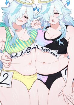 2girls artist_request belly belly-to-belly black_shorts blue_hair breasts cleavage clone doubliel drooling hair_over_one_eye halo hand_on_own_thigh holding_hands horns interlocked_fingers long_hair mahjong_fight_girl medium_breasts messy_hair mole mole_on_thigh multiple_girls navel numbered nun_(jmnun) one_eye_covered open_mouth pink_eyes plump short_shorts shorts sidelocks smile sports_bra standing track_uniform white_background yellow_shorts