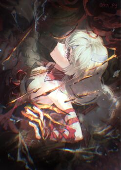 Rule 34 | 1girl, bandaged arm, bandages, bare shoulders, breasts, chromatic aberration, closed mouth, commentary, dress, from side, grey eyes, grey hair, halter dress, halterneck, harr py, highres, long hair, looking at viewer, medium breasts, phrolova (wuthering waves), red dress, solo, wuthering waves