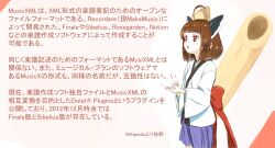 Rule 34 | 1girl, ahoge, back bow, blush, bow, brown background, brown hair, cowboy shot, headgear, highres, japanese clothes, kimono, kiritanpo (food), long sleeves, looking ahead, medium hair, musicxml, open mouth, oversized food, oversized object, palm-fist tap, pleated skirt, purple skirt, red bow, red eyes, short kimono, skirt, solo, standing, touhoku kiritan, translation request, voiceroid, white kimono, wide sleeves, wikipedia, yamamoto yuusuke (animator)