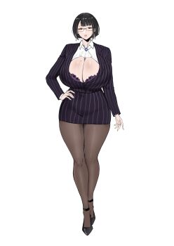 1girl absurdres black-framed_eyewear black_hair bra bra_peek breasts cleavage earrings floral_print_bra formal_clothes full_body glasses grace_(puzenketsu) hand_on_own_hip high_heels highres huge_breasts jewelry looking_at_viewer mature_female mole mole_on_breast mole_under_mouth original pantyhose parted_lips pinstripe_pattern pinstripe_skirt pinstripe_suit principal pumps purple_bra puzenketsu ring shirt short_hair simple_background skirt solo striped_suit suit thick_thighs thighs underwear uneven_bangs white_background white_shirt