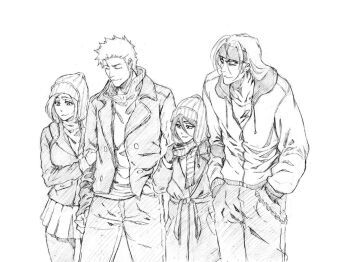 2boys 2girls abarai_renji bleach closed_eyes closed_mouth coat collared_shirt couple cowboy_shot cup disposable_coffee_cup disposable_cup greyscale hair_between_eyes hand_in_pocket hat headband headphones headphones_around_neck hetero holding holding_cup holding_hands holding_phone inoue_orihime jacket kubo_tite_(style) kuchiki_rukia kurosaki_ichigo light_smile long_hair looking_at_another monochrome multiple_boys multiple_girls pants pantyhose parted_bangs phone pleated_skirt ponytail rakusakugk ribbed_sweater scarf shirt short_hair sketch skirt sweater turtleneck turtleneck_sweater white_background winter_clothes