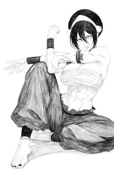 Rule 34 | 1girl, abs, armband, armpits, avatar legends, bandaged chest, bare shoulders, barefoot, black hair, black nails, blind, bracelet, breasts, cleavage, commentary, cross-body stretch, grey eyes, hair between eyes, hairband, hex mamaso, highres, jewelry, large breasts, lips, monochrome, muscular, muscular female, nail polish, navel, shredded muscles, sidelocks, solo, toenail polish, toenails, toes, toph beifong