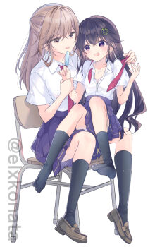 black_hair black_socks bra brown_hair chair food holding holding_food holding_popsicle kneehighs long_hair navy_(navy.blue) necktie no_shoes popsicle school_uniform shoes showaru_tensai_osananajimi_to_no_shobu_ni_makete_hatsutaiken_wo_zenbu_ubawareru_hanashi simple_background sitting sitting_on_person socks tongue twitter_username umezono_komaki underwear undressing_another yoshizawa_wakaba