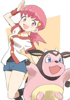 1girl :3 absurdres animal_ears animal_nose ankle_socks black_ears blue_eyes blue_shorts buttons cone_horns eyelashes gazacy_(dai) gen_2_pokemon hand_on_own_forehead hand_to_forehead hand_up highres hooves horns miltank nintendo open_mouth pink_eyes pink_hair pokemon pokemon_(creature) pokemon_hgss shirt short_shorts short_sleeves shorts smile socks twintails udder undershirt v-shaped_eyebrows white_shirt whitney_(pokemon) wristband