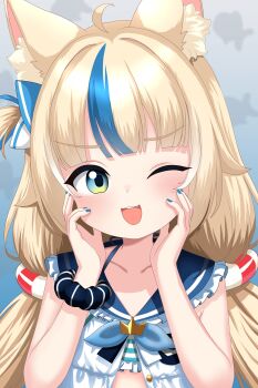 1girl absurdres animal_ear_fluff bare_arms blonde_hair blue_eyes blush commentary furfik highres indie_virtual_youtuber long_hair looking_at_viewer multicolored_hair one_eye_closed open_mouth sameko_saba sleeveless solo streaked_hair symbol-only_commentary twintails virtual_youtuber