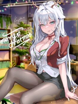 1girl animal_ears artist_name black_skirt blue_eyes blush breasts brown_pantyhose choker christmas christmas_tree cleavage commentary desk double-parted_bangs earrings english_commentary fake_antlers fox_ears fox_girl hair_between_eyes heterochromia highres hoop_earrings indie_virtual_youtuber indoors jacket jewelry keyokku keyokku_(vtuber) lanyard large_breasts long_hair long_sleeves looking_at_viewer merry_christmas miniskirt monitor necklace neon_lights office office_lady on_desk open_clothes open_jacket pantyhose parted_lips pencil_skirt plant potted_plant red_choker red_jacket red_ribbon ribbon ribbon_choker shirt side_slit signature sitting skirt sleeves_pushed_up solo underwear very_long_hair virtual_youtuber white_hair white_shirt window yellow_eyes